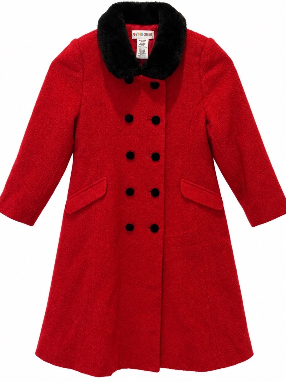 Vintage Gymboree Girls Red Wool Blend Dress Coat Size 10-12 Black Faux Fur